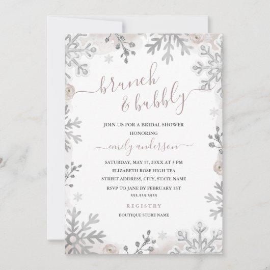 Winter Snowflake Blush Silver Brunch en Bubble Kaart (Voorkant)