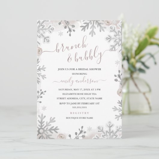 Winter Snowflake Blush Silver Brunch en Bubble Kaart (Staand voorkant)