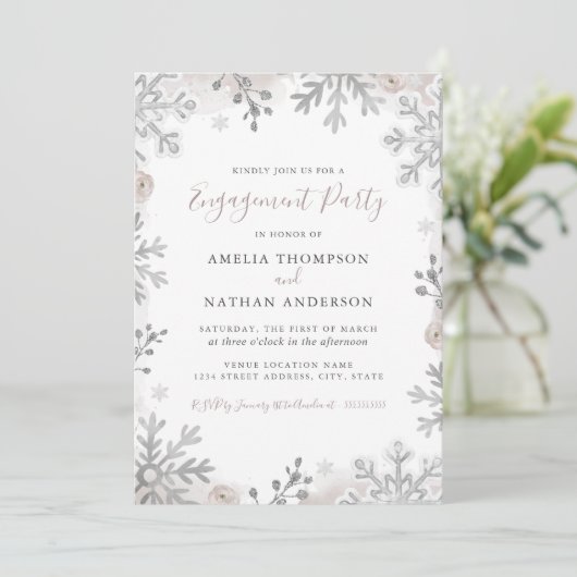 Winter Snowflake Blush Silver Engagement Party Kaart (Staand voorkant)
