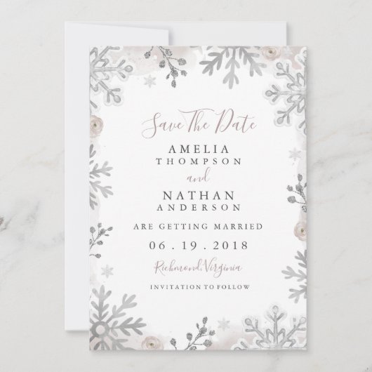 Winter Snowflake Blush Wedding Save the Date Kaart (Voorkant)