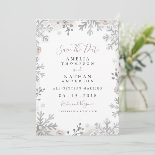 Winter Snowflake Blush Wedding Save the Date Kaart (Staand voorkant)