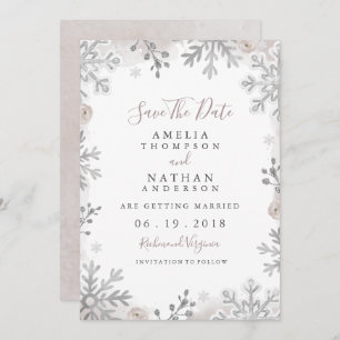 Winter Snowflake Blush Wedding Save the Date Kaart