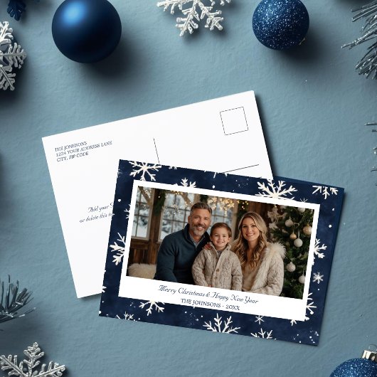Winter Snowflake Border Navy Christmas Photo Feestdagenkaart