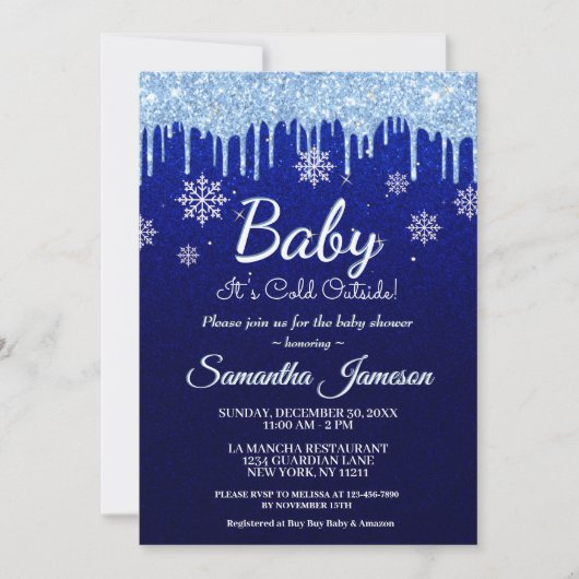 Winter Snowflake Boy Blue Baby shower Glitter Drip Kaart (Voorkant)