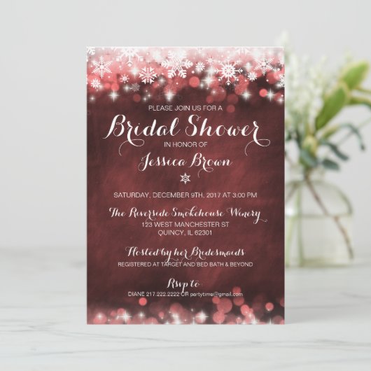 Winter Snowflake Bruids Douche Uitnodiging - Rood (Staand voorkant)