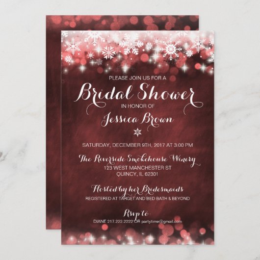 Winter Snowflake Bruids Douche Uitnodiging - Rood (Voorkant / Achterkant)