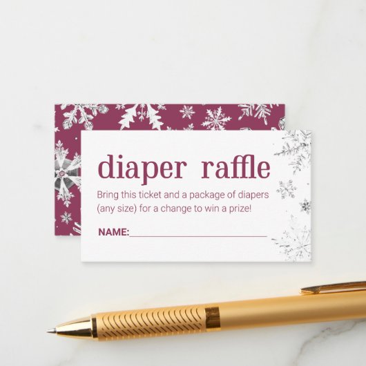 Winter Snowflake Diaper Raffle Ticket Enclosure Informatiekaartje (Voorkant / Achterkant in situ)