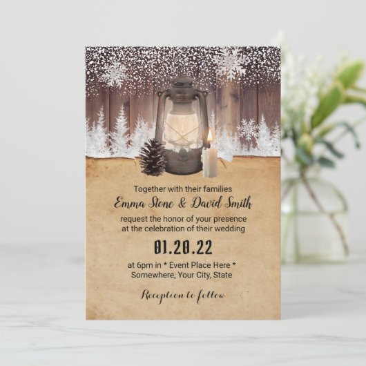 Winter Snowflake Forest  Lantern Wedding Kaart (Staand voorkant)