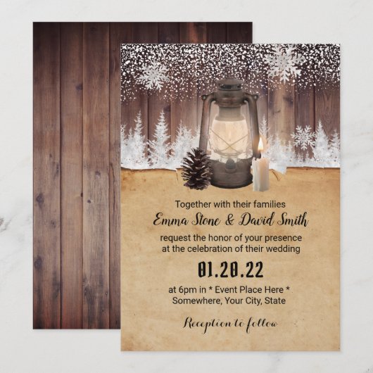 Winter Snowflake Forest  Lantern Wedding Kaart (Voorkant / Achterkant)
