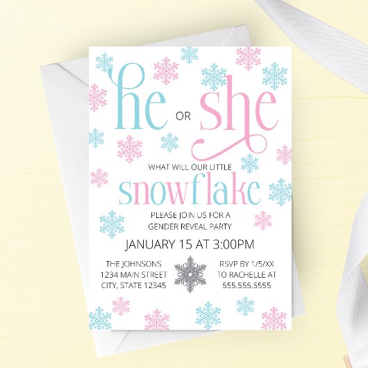 Winter Snowflake Gender Reveal Invitation Kaart