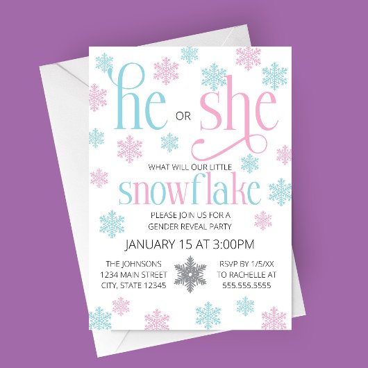 Winter Snowflake Gender Reveal Invitation Kaart