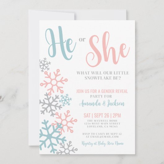 Winter Snowflake Gender Reveal Party Kaart (Voorkant)