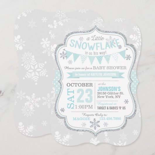 Winter Snowflake Glitter Baby shower Uitnodiging (Voorkant / Achterkant)