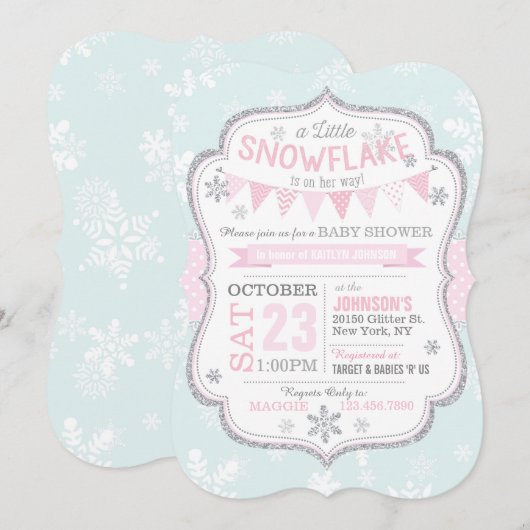 Winter Snowflake Glitter Baby shower Uitnodiging (Voorkant / Achterkant)