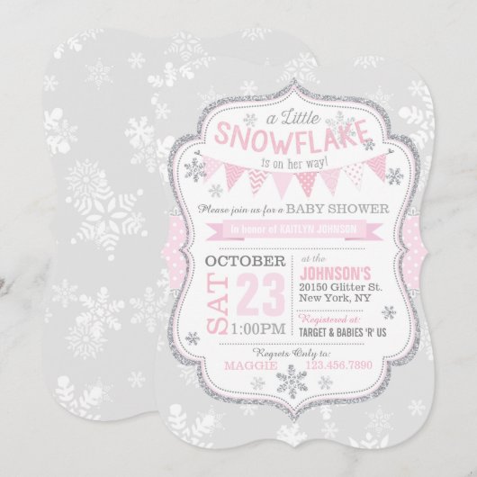 Winter Snowflake Glitter Baby shower Uitnodiging (Voorkant / Achterkant)