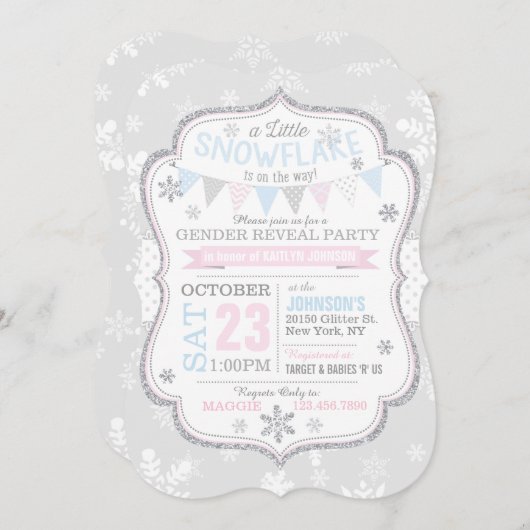 Winter Snowflake Glitter Gender onthulling Kaart (Voorkant / Achterkant)