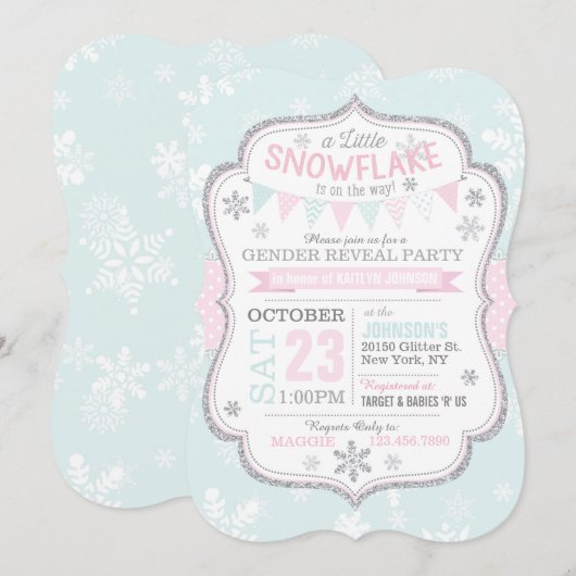 Winter Snowflake Glitter Gender Reveal Kaart (Voorkant / Achterkant)