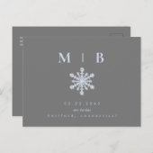 Winter Snowflake Grey/Ice Blue Monogram Opslagdatu Aankondigingskaart (Voorkant / Achterkant)