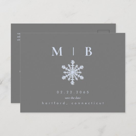 Winter Snowflake Grey/Ice Blue Monogram Opslagdatu Aankondigingskaart (Voorkant / Achterkant)