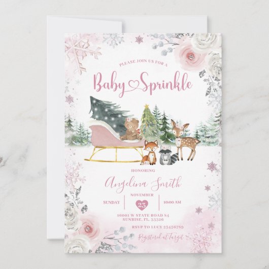 Winter Snowflake Pastel Pink Sleigh Baby Sprinkle Kaart (Voorkant)