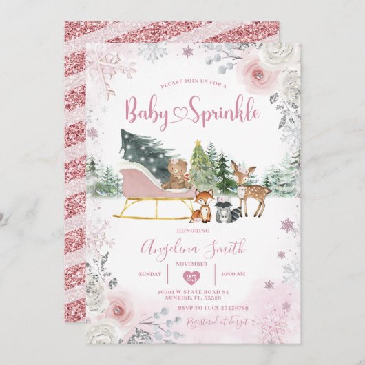 Winter Snowflake Pastel Pink Sleigh Baby Sprinkle Kaart (Voorkant / Achterkant)