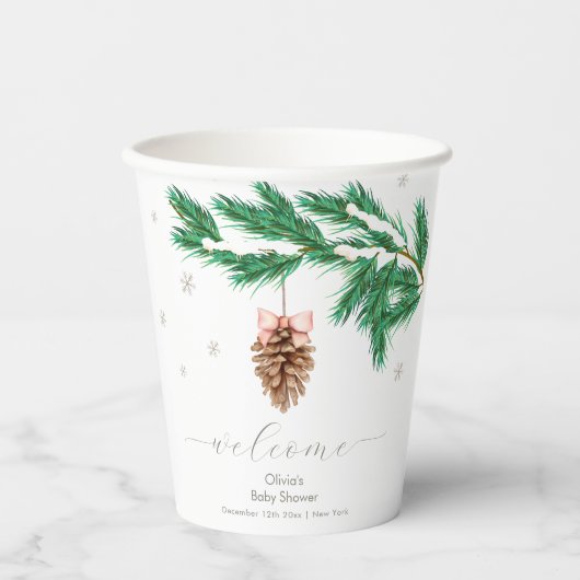 Winter Snowflake Pine cone Baby Shower Welcome Papieren Bekers (Voorkant)