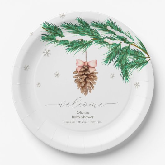 Winter Snowflake Pine cone Baby Shower Welcome Papieren Bordje (Voorkant)