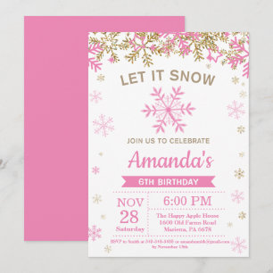 Winter Snowflake Pink and Gold Girl Birthday Kaart