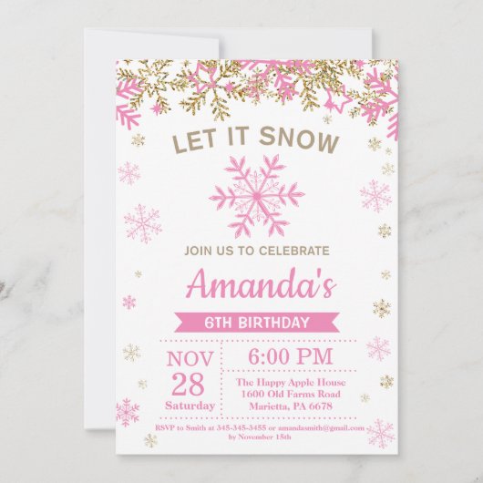 Winter Snowflake Pink and Gold Girl Birthday Kaart (Voorkant)