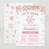 Winter Snowflake Pink and Gold Girl Birthday Kaart (Voorkant / Achterkant)