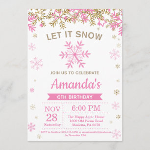 Winter Snowflake Pink and Gold Girl Birthday Kaart