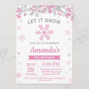 Winter Snowflake Pink en Silver Girl Birthday Kaart