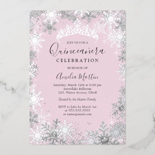 Winter Snowflake Pink Silver Quinceanera Folie Uitnodiging (Voorkant)