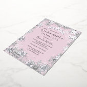 Winter Snowflake Pink Silver Quinceanera Folie Uitnodiging (Gedraaid)