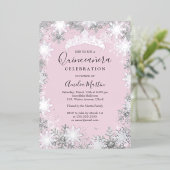 Winter Snowflake Pink Silver Quinceanera Folie Uitnodiging (Staand Voorkant)