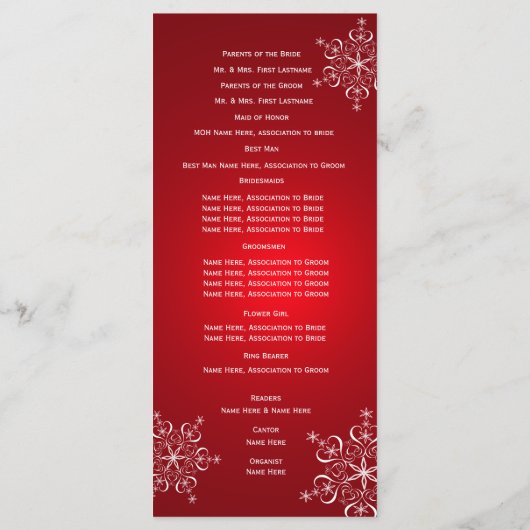 Winter Snowflake Red Wedding Programma Programmakaart (Achterkant)