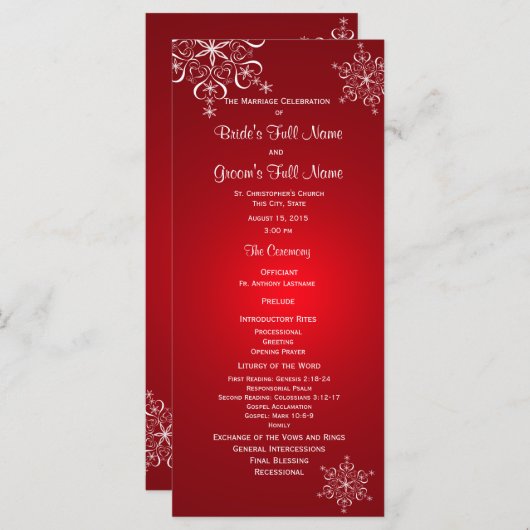 Winter Snowflake Red Wedding Programma Programmakaart (Voorkant / Achterkant)