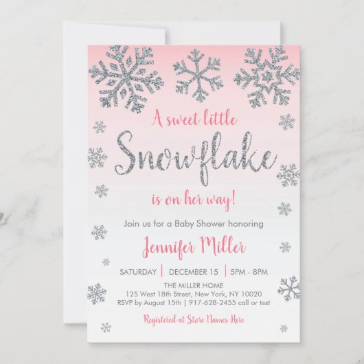 Winter Snowflake Roze en zilver Baby shower Kaart (Voorkant)