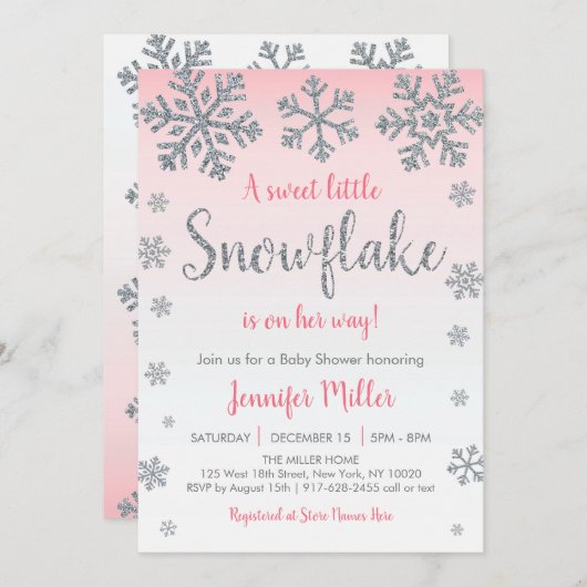 Winter Snowflake Roze en zilver Baby shower Kaart (Voorkant / Achterkant)