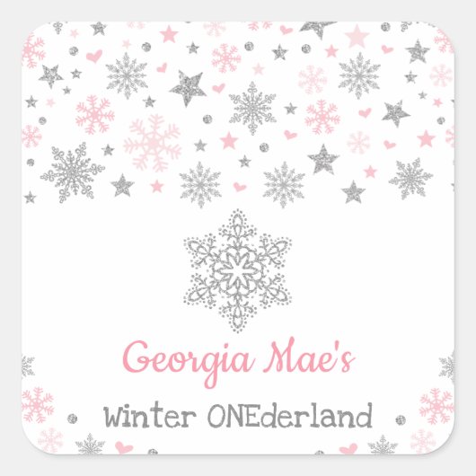 Winter Snowflake roze Silver Birthday Party Favors Vierkante Sticker (Voorkant)