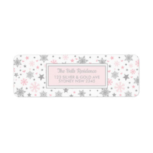 Winter Snowflake roze Silver Birthday Shower Etiket