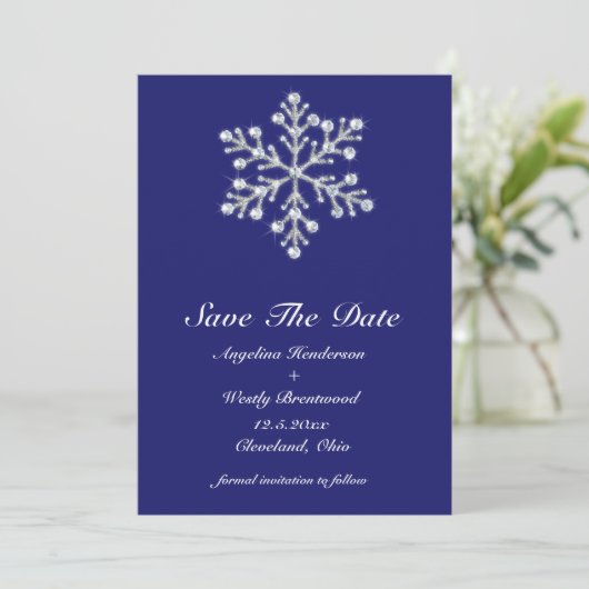 Winter Snowflake Save the Date indidigo (Staand voorkant)