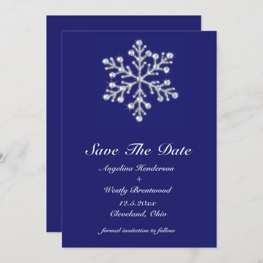 Winter Snowflake Save the Date indidigo (Voorkant / Achterkant)