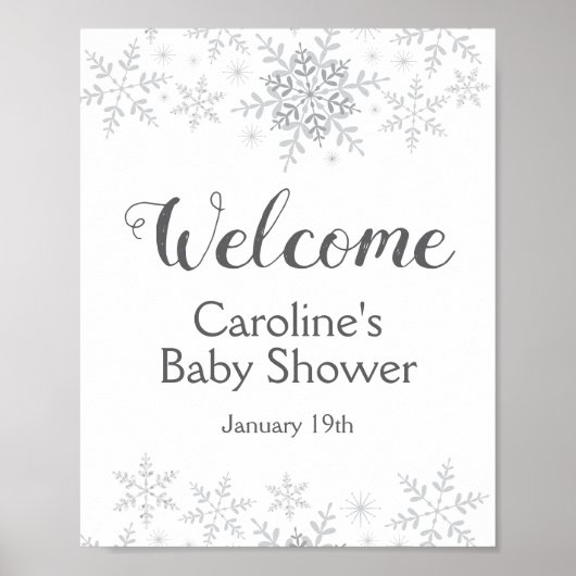 Winter Snowflake Silver Baby shower Welkomstteken Poster (Voorkant)