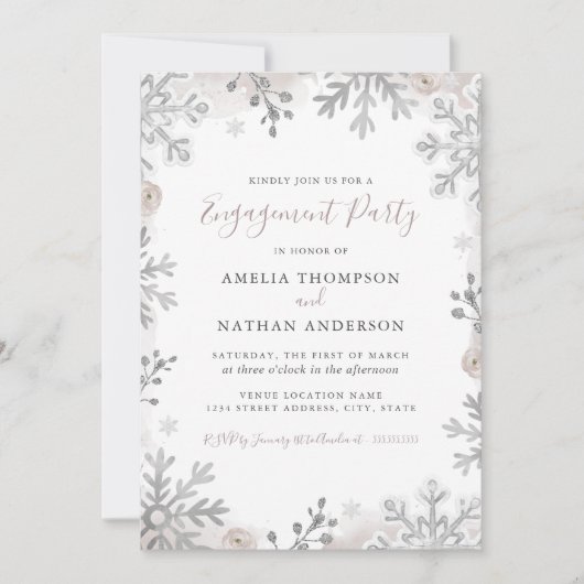 Winter Snowflake Silver Blush Engagement Party Kaart (Voorkant)