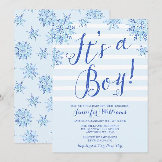 Winter Snowflake Stripes Boy Baby shower nodigt ui Kaart (Voorkant / Achterkant)