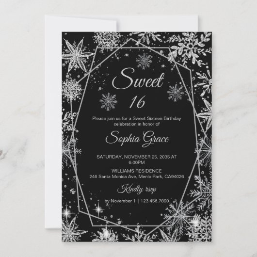 Winter Snowflake Sweet 16 Verjaardagsfeest Kaart (Voorkant)