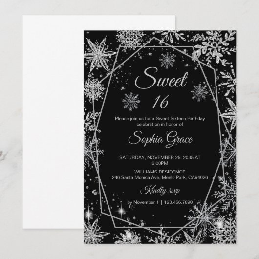 Winter Snowflake Sweet 16 Verjaardagsfeest Kaart (Voorkant / Achterkant)