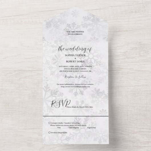 Winter Snowflake Wedding All In One Uitnodiging (Binnen)