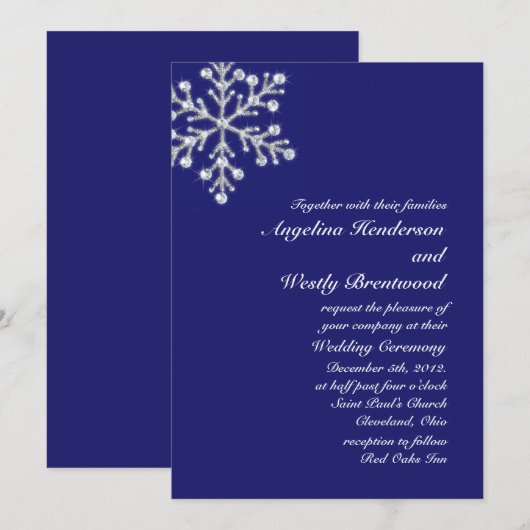 Winter Snowflake Wedding Invitation indidigo Kaart (Voorkant / Achterkant)
